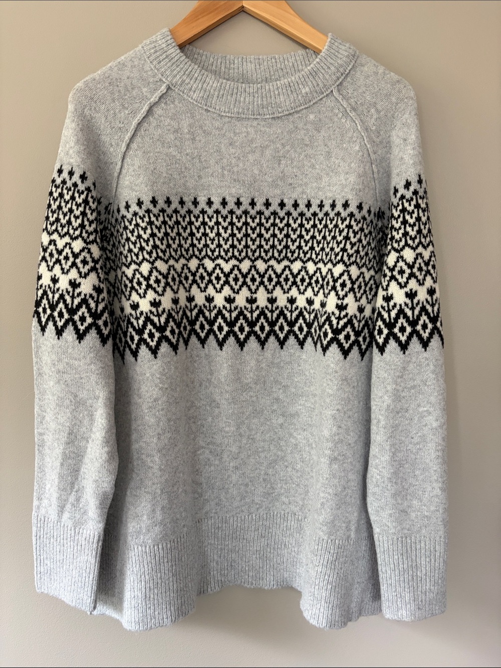 Aerie Oversized Fair Isle Pullover Crewneck Sweater Small Grey Gray Black Ivory
